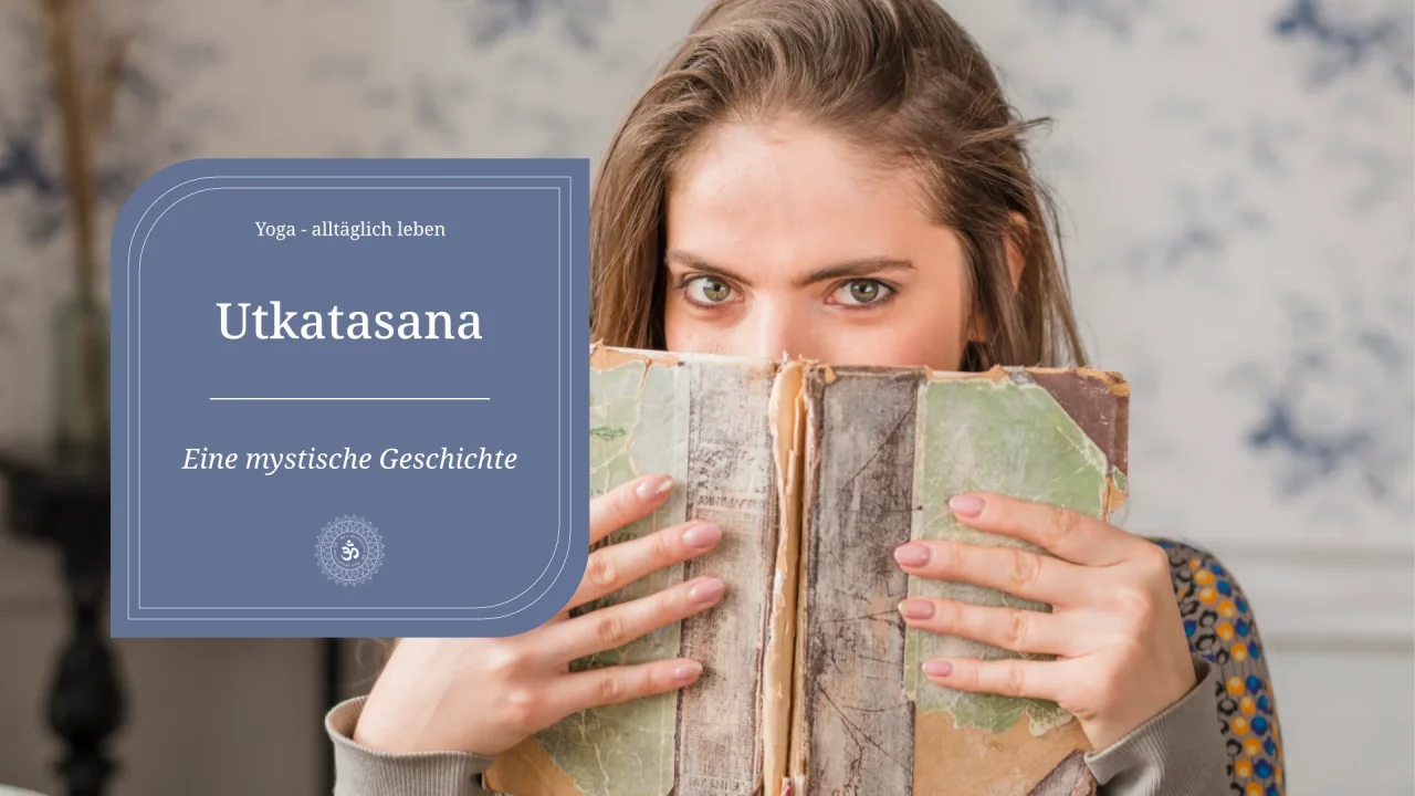 Utkatasana in einer mystischen Geschichte - Erzählen einer Yoga-Legende – erzählerin schaut über das Buch während sie über Utkatasana liest