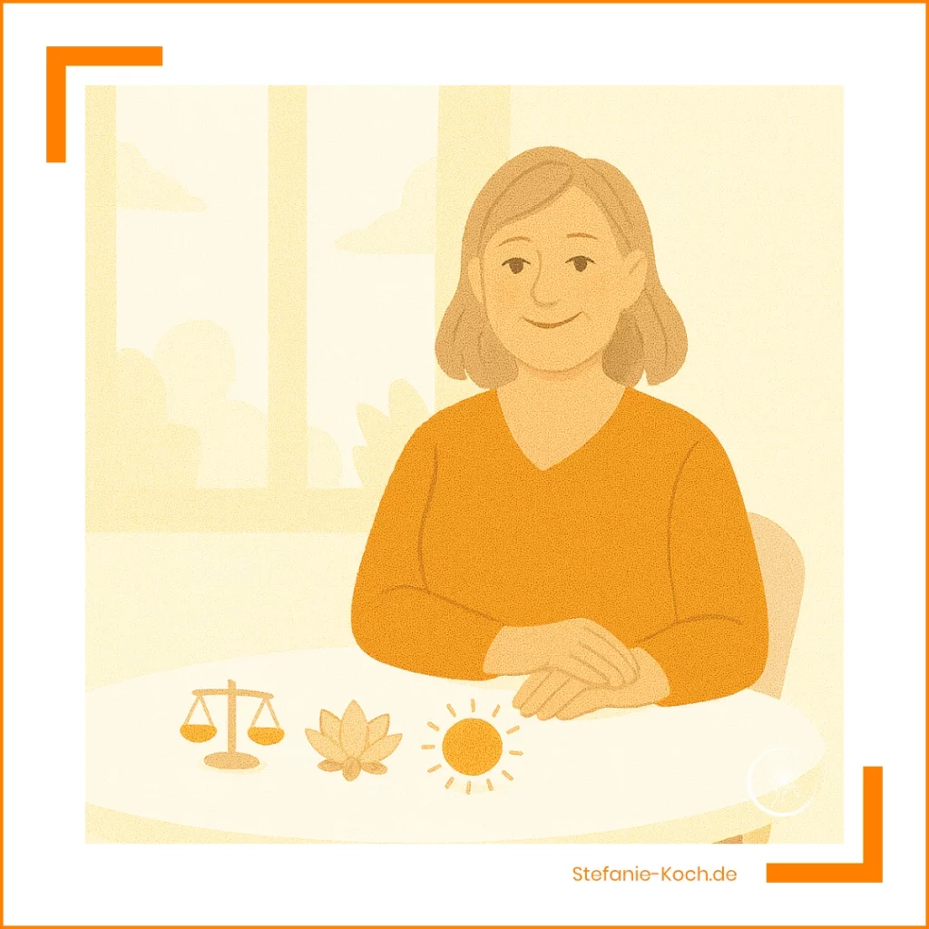 Illustration einer Frau, die an einem Tisch sitzt und lächelt. Vor ihr liegen drei Symbole: eine Waage (Fairness), eine Lotusblüte (Gelassenheit) und eine Sonne (Optimismus).