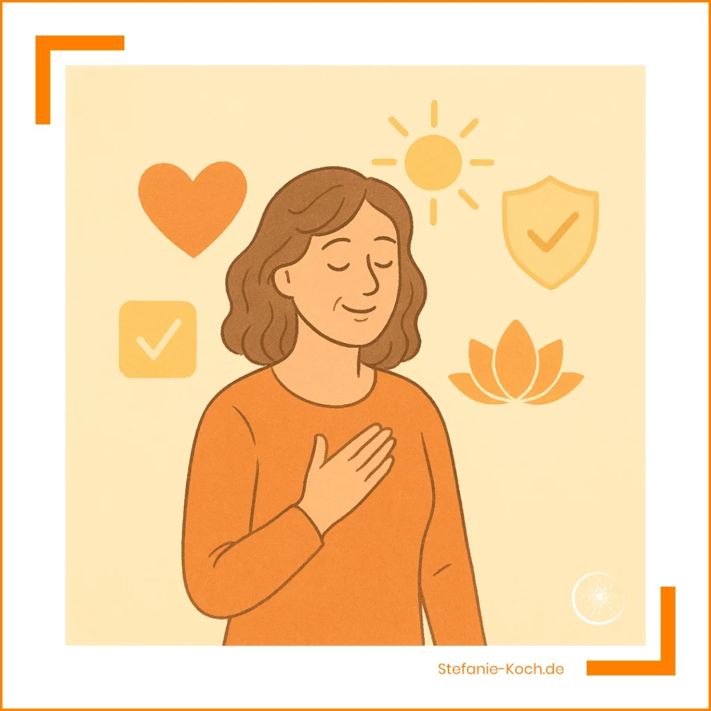 Eine etwa 45-jährige Frau mit kastanienbraunen Haaren steht auf einer sonnigen Wiese und schaut zu leuchtenden Symbolen – Herzen, Sterne und einem Kompass – am Himmel.