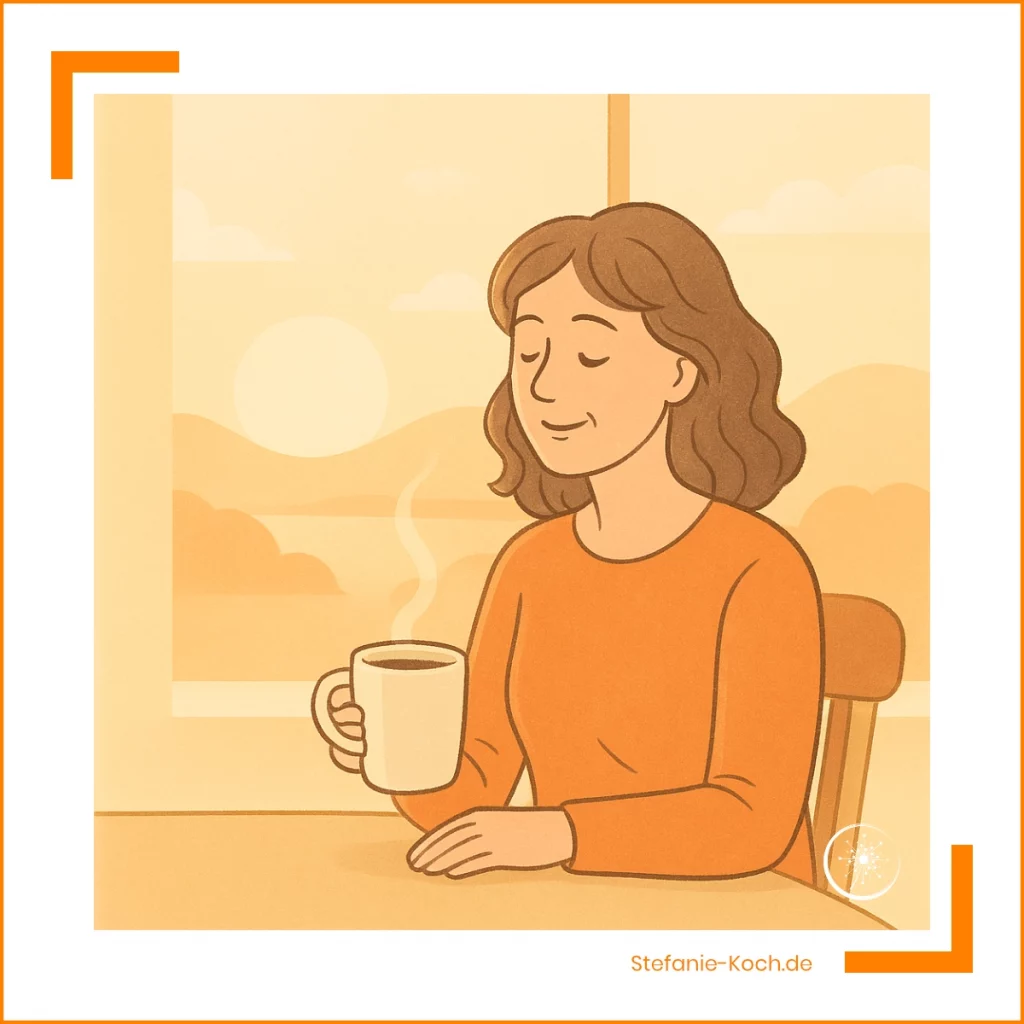 Eine etwa 45-jährige Frau mit kastanienbraunem Haar sitzt morgens mit einer Tasse Kaffee am Fenster. Warmes Sonnenlicht fällt herein und taucht die Szene in weiche, helle Farbtöne mit einem sanften Gelbstich. Die Stimmung ist ruhig, freundlich und nachdenklich.