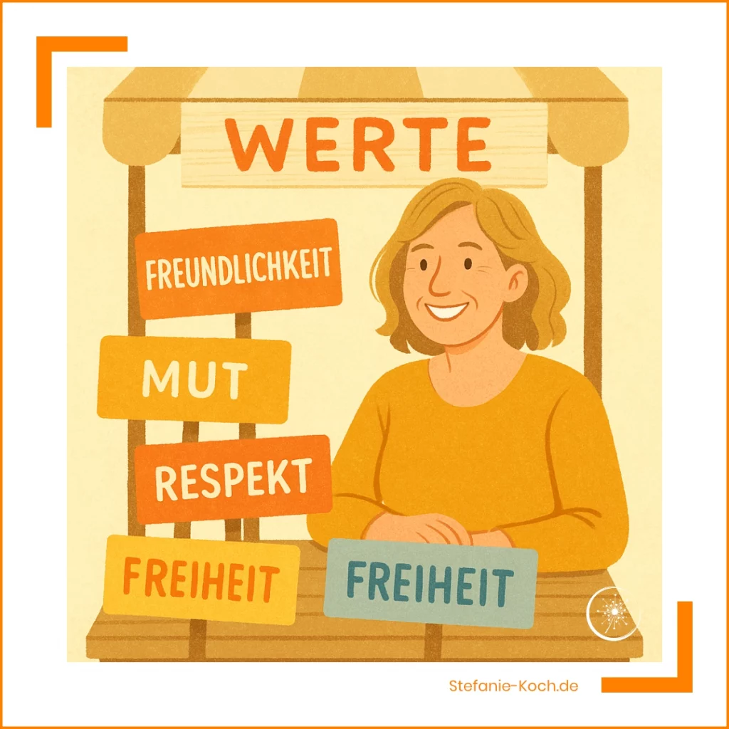 Illustration einer Frau auf einem fröhlichen „Wertemarkt“ mit Schildern zu Freundlichkeit, Mut, Respekt und Freiheit.