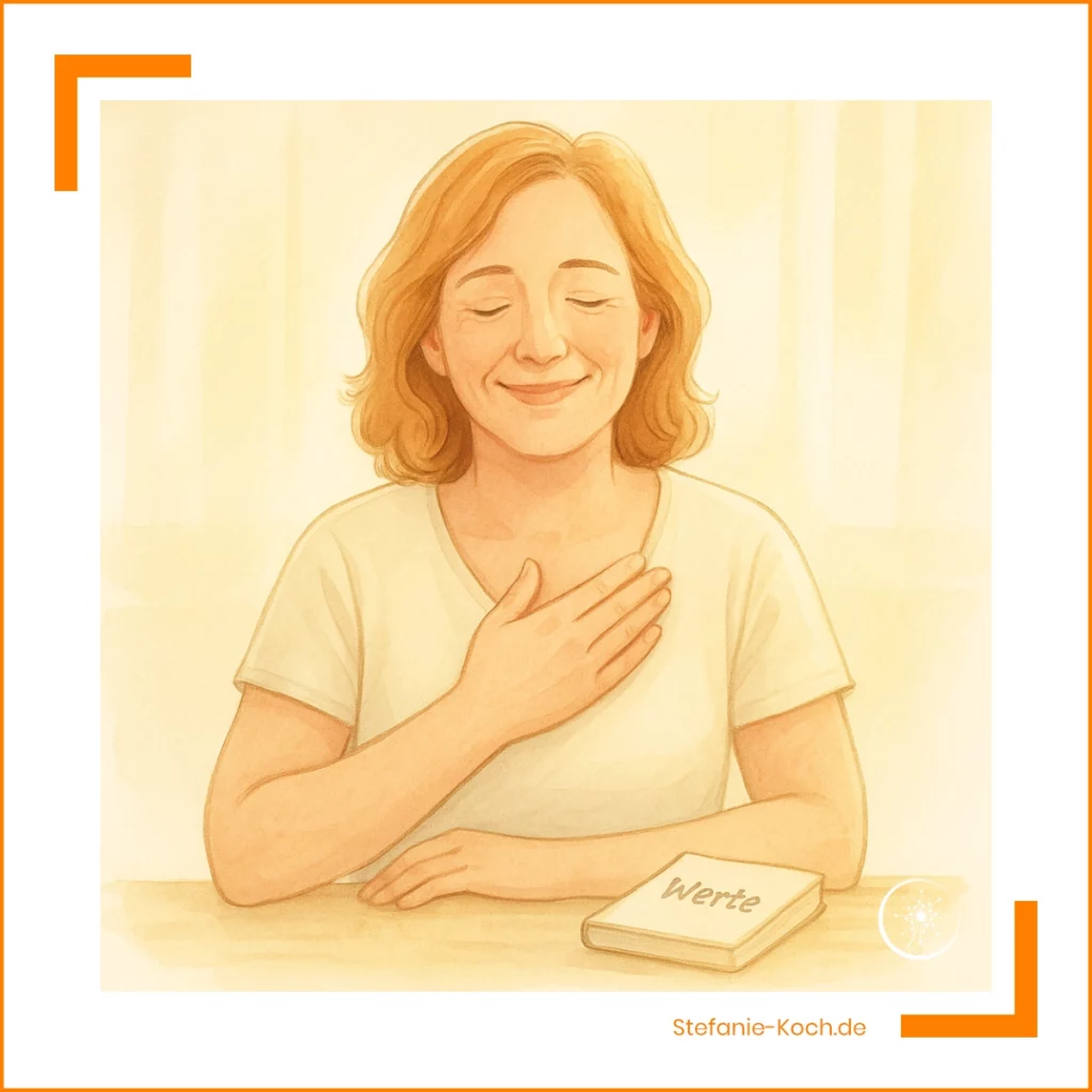 Illustration einer Frau, die an einem hellen Holztisch sitzt, eine Hand auf ihr Herz legt und sanft lächelt. Neben ihr liegt ein Notizbuch mit der Aufschrift „Werte“.