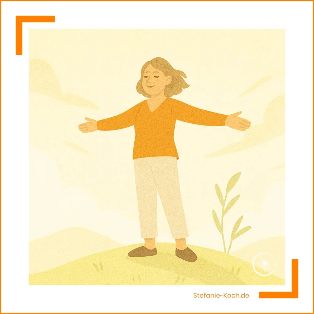 Illustration einer Frau, die auf einem kleinen Hügel steht, die Arme locker ausstreckt und den Wind spürt – Symbol für innere Ruhe und Ausgeglichenheit.