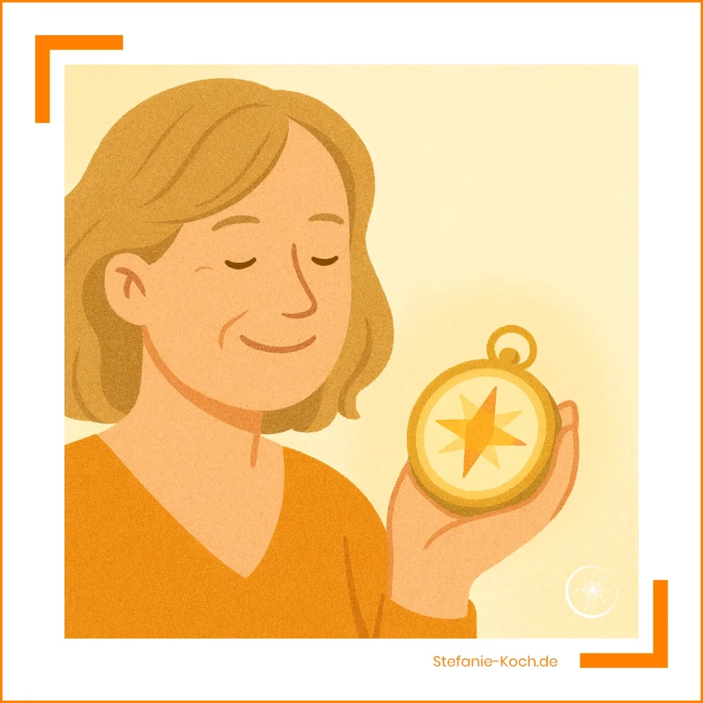 Illustration einer Frau, die lächelnd einen leuchtenden Kompass in der Hand hält – Symbol für innere Orientierung und Klarheit.
