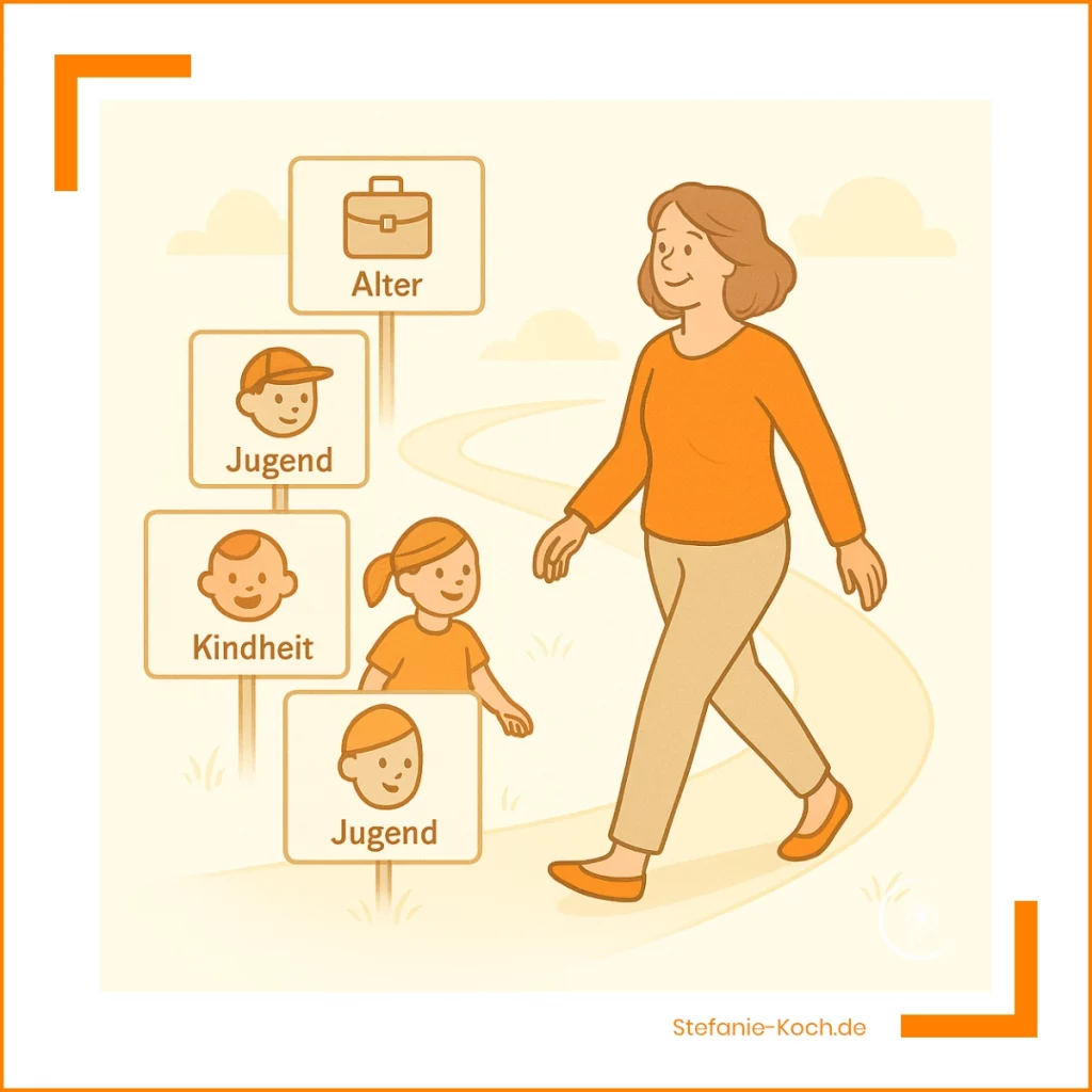 Illustration einer Frau, die auf einem Weg mit vier Stationen entlanggeht, die Kindheit, Jugend, Erwachsenenalter und Alter symbolisieren – Darstellung der Veränderung persönlicher Werte im Laufe des Lebens.