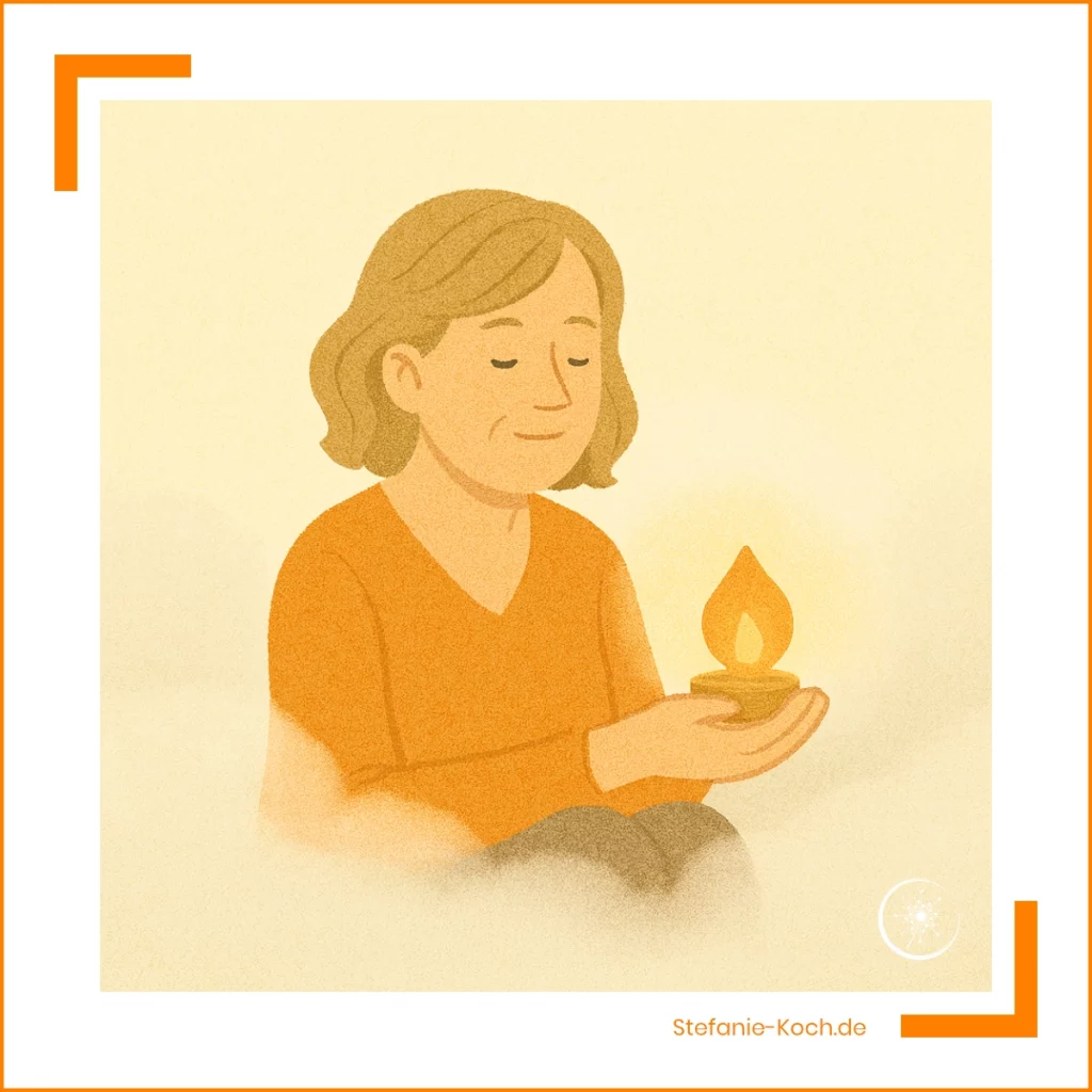 Illustration einer Frau, die in einem sanften Nebel sitzt und ein kleines, orangefarbenes Licht in den Händen hält – Symbol für Hoffnung und innere Stärke.
