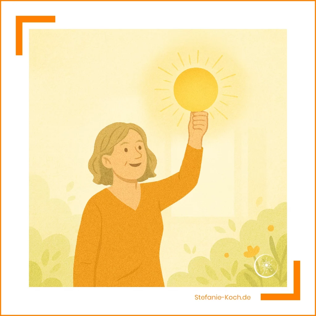 Illustration einer Frau, die in einem hellen Raum steht und eine Laterne in die Höhe hält, die sich in eine strahlende Sonne verwandelt hat – Symbol für Neubeginn und innere Stärke.