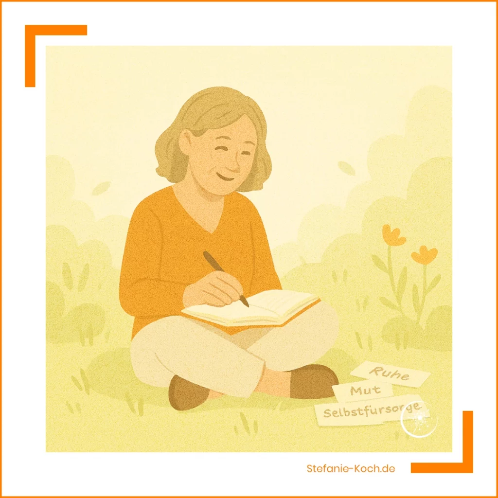 Illustration einer Frau, die auf einer Wiese sitzt, in ihr Notizbuch schreibt und lächelt. Neben ihr liegen Karten mit den Worten „Ruhe“, „Mut“ und „Selbstfürsorge“.