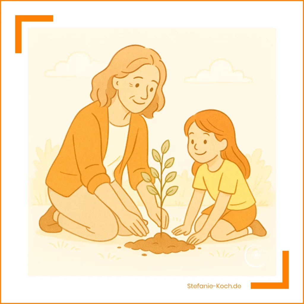 Eine Frau und ein Mädchen pflanzen gemeinsam einen kleinen Baum – Symbol für Vergangenheit und Gegenwart sowie für das Entstehen und Wachsen von Werten.