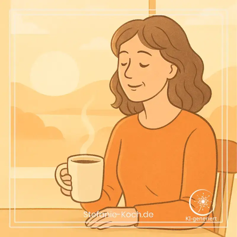 KI-generierte-Zeichnung - eine Frau im Orangefarbenen Pullover sitzt an einem Tisch und hat einen Becher mit Kaffee in der Hand.