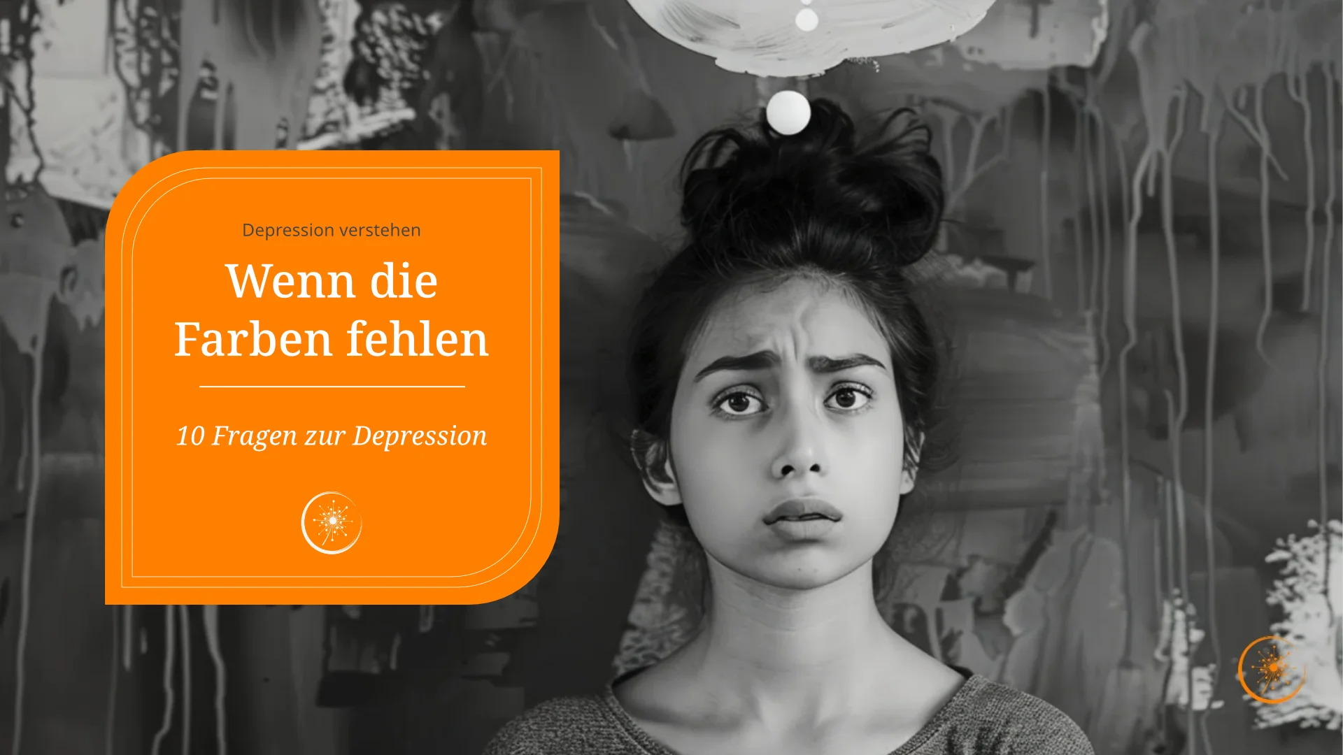Was ist eine Depression? Der Kopf einer jungen Frau vor einer grauen Wand mit einer Frageblase über dem Kopf. Alles in schwarz-weiß