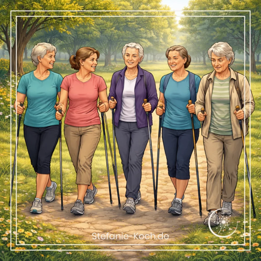 digitale Zeichnung - fünf ältere Frauen beim Walking im PArk