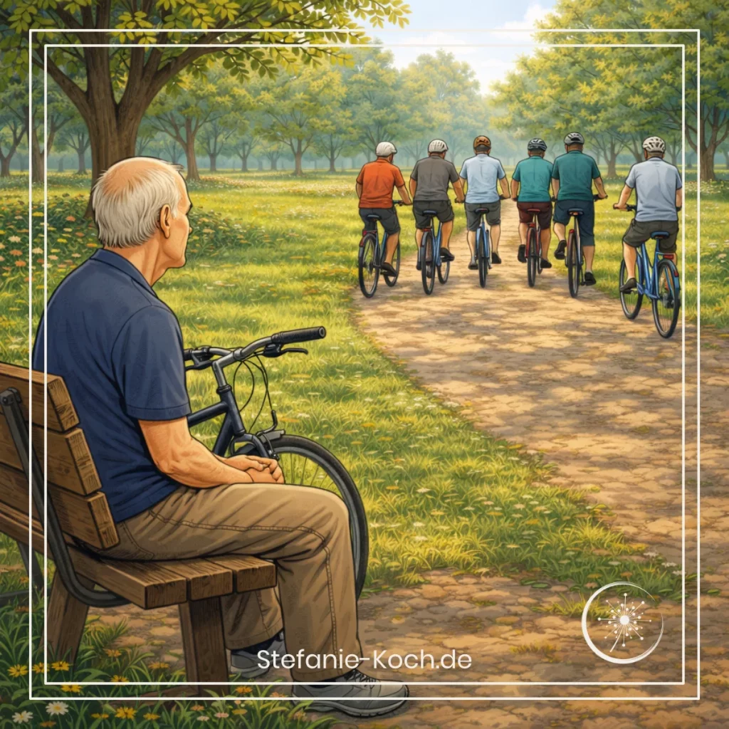 digitale Zeichnung - sechs ältere Männer fahren mit dem Fahrrad im Park, einer schaut ihnen zu