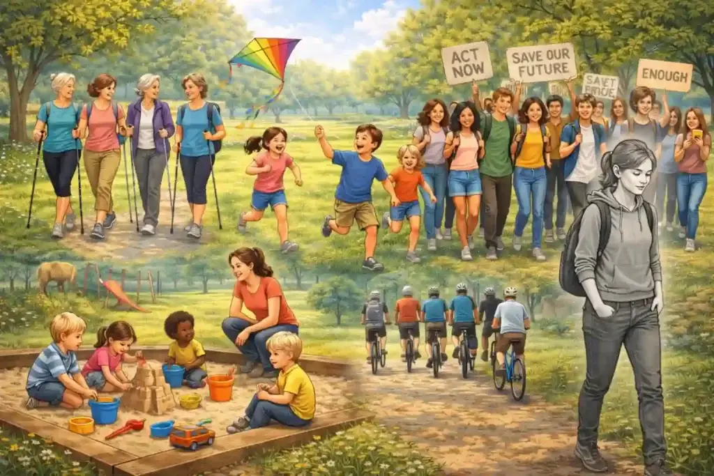 Depression in Zahlen - ki-generierte Zeichnung. Verschiedene Szenen aus einem Park zu einer Collage zusammengeschnitten.