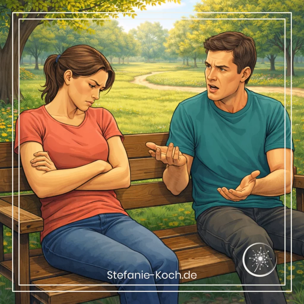 digitale Zeichnung - ein Mann und eine Frau sitzen auf einer PArkbank. Er diskutiert, sie schaut resigniert.