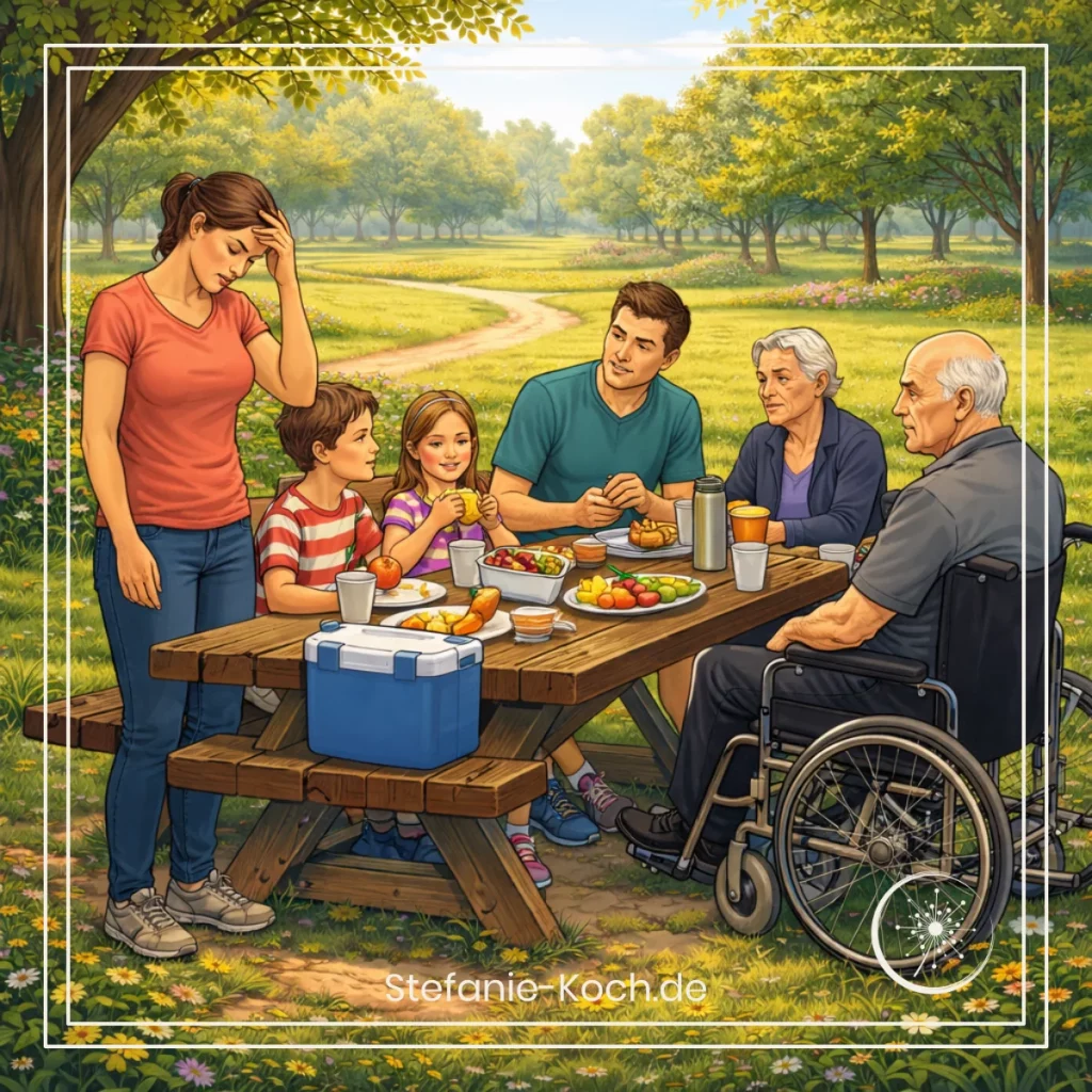 digitale Zeichnung - Mutter, Vater, zwei Kinder, Großvater im Rollstuhl und Großmutter sitzen an einem Parktisch und picknicken