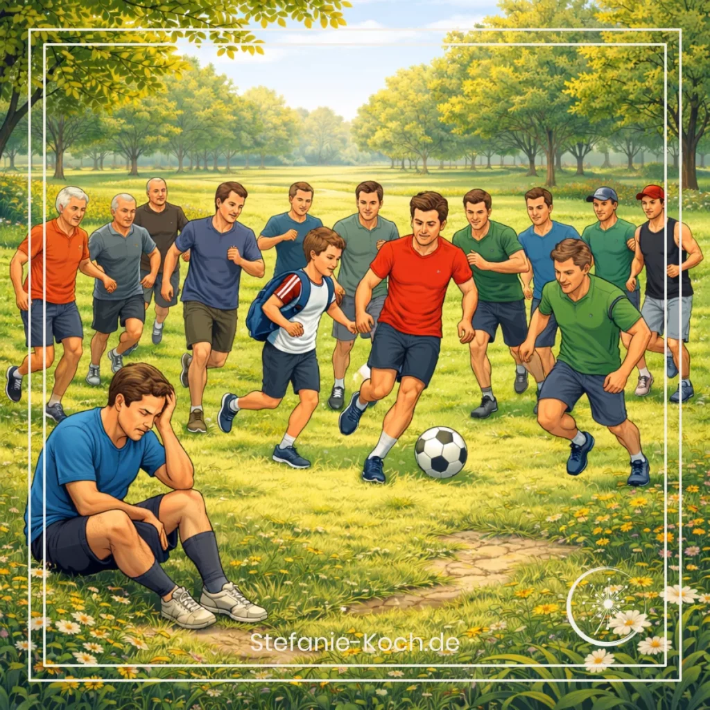 digitale Zeichnung - 11 Männer spielen Fußball, einer sitzt daneben und hält sich betrübt den Kopf