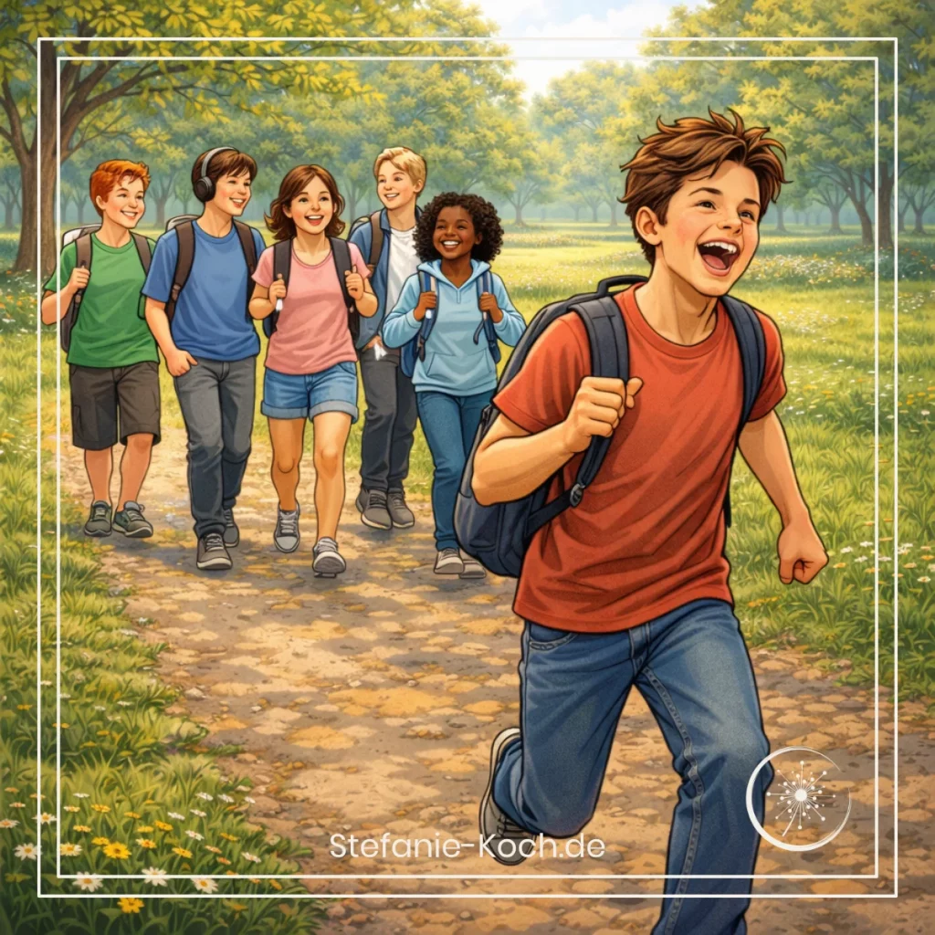 digitale Zeichnung - Fünf Jugendliche im Park. Einer läuft lachend voraus.