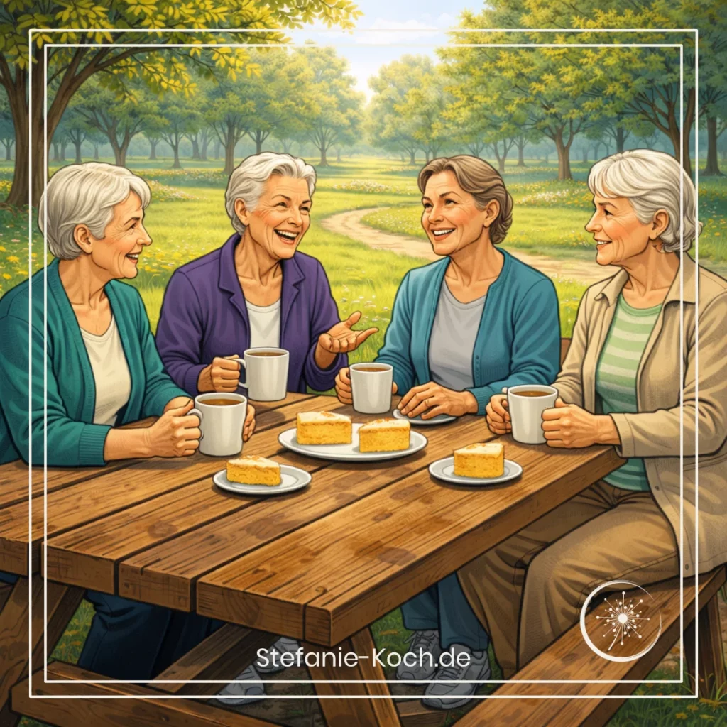 Digitale Grafik - vier ältere Frauen mit Kaffee und Kuchen an einem Parktisch
