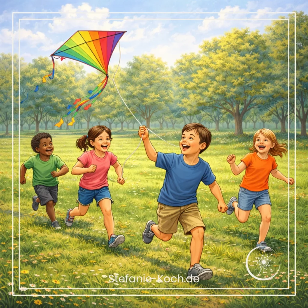 digitale Zeichnung - 4 Grundschüler:innen pielen mit einem Drachen im PArk.