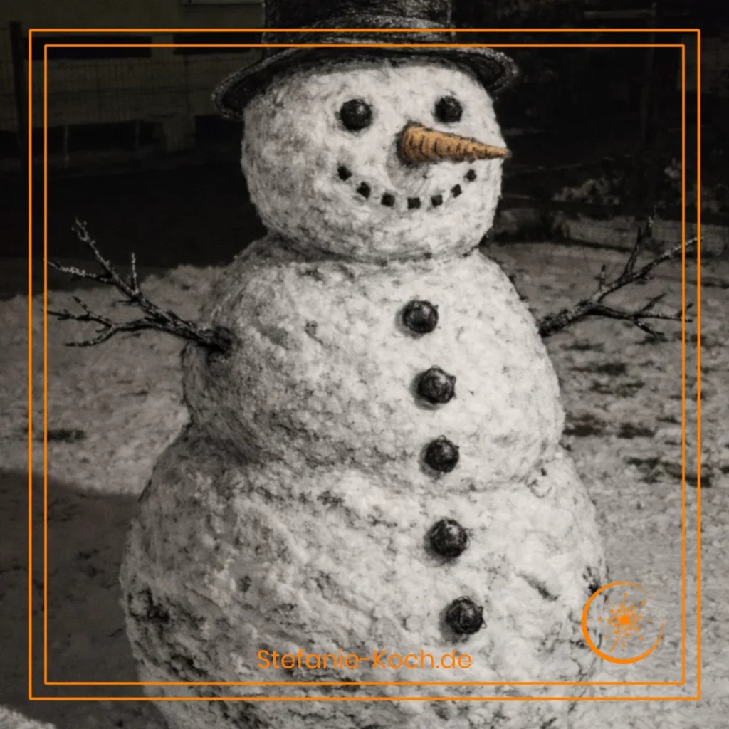 Ein Schneemann im nächtlichen Garten - Foto mit Kohle überzeichnet