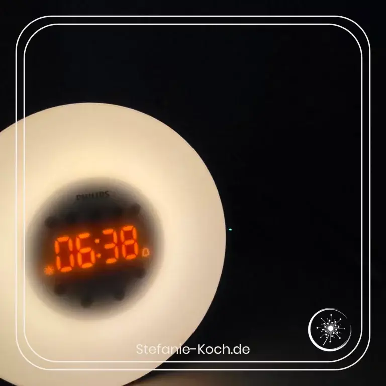 Blick auf einen beleuchteten Radiowecker bei Nacht.