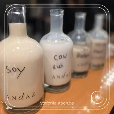 F4 Flaschen mit unterschiedlicher Milch - Soya, Hafer, Kuh, Mandel