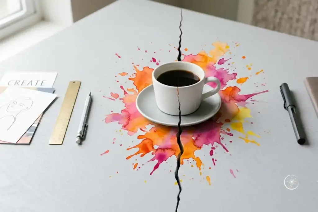 Eine weiße Kaffeetasse mit dunklem Kaffee steht auf einer Untertasse auf einem hellgrauen Tisch, der von einem Riss in der Mitte gespalten ist. Ein bunter Aquarellfleck in Pink und Orange umgibt die Tasse dynamisch.