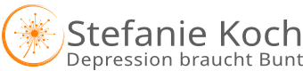 Logo - stilisierte Pusteblume im nach rechts geöffneten Kreis, daneben der Schriftzug "Stefanie Koch Depressin braucht bunt"