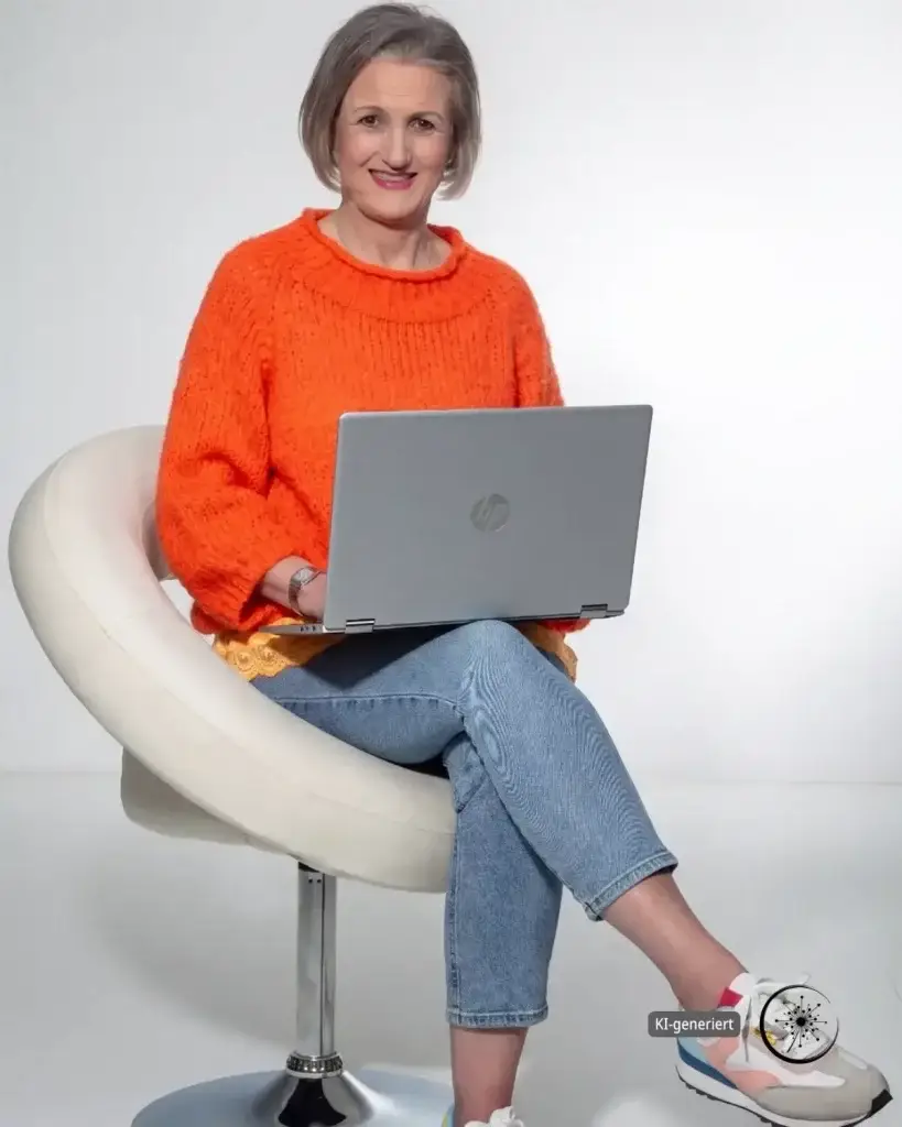 Stefanie Koch sitzt in einem orangefarbenen Pullover mit einem Laptop auf den Knien auf einem weißen Stuhl